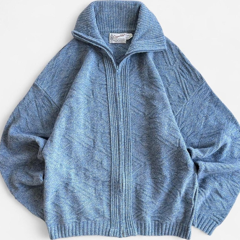 Vintage Men’s Clipper Mist Blue Blend Knit Full Zip Cardigan Sweater L